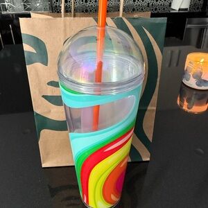 Starbucks Iridescent Dome Tumbler with Orange Straw and Multicolor Swirl